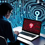 **

A person looking cautiously at their laptop screen, with stylized icons of phishing emails and malware swirling around them. The background is a maze of interconnected lines representing the digital world, with question marks scattered throughout. The overall tone is one of alert awareness.

**