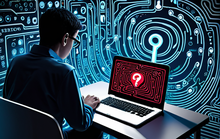 **

A person looking cautiously at their laptop screen, with stylized icons of phishing emails and malware swirling around them. The background is a maze of interconnected lines representing the digital world, with question marks scattered throughout. The overall tone is one of alert awareness.

**