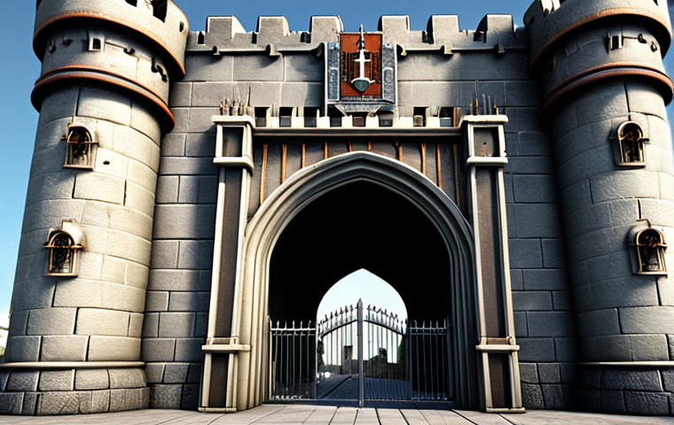 **Network Security Gateway:** A strong castle gate protecting a corporate network, emphasizing a firewall, and possibly showing suspicious traffic being blocked. Consider including elements like digital guards or a security system interface.