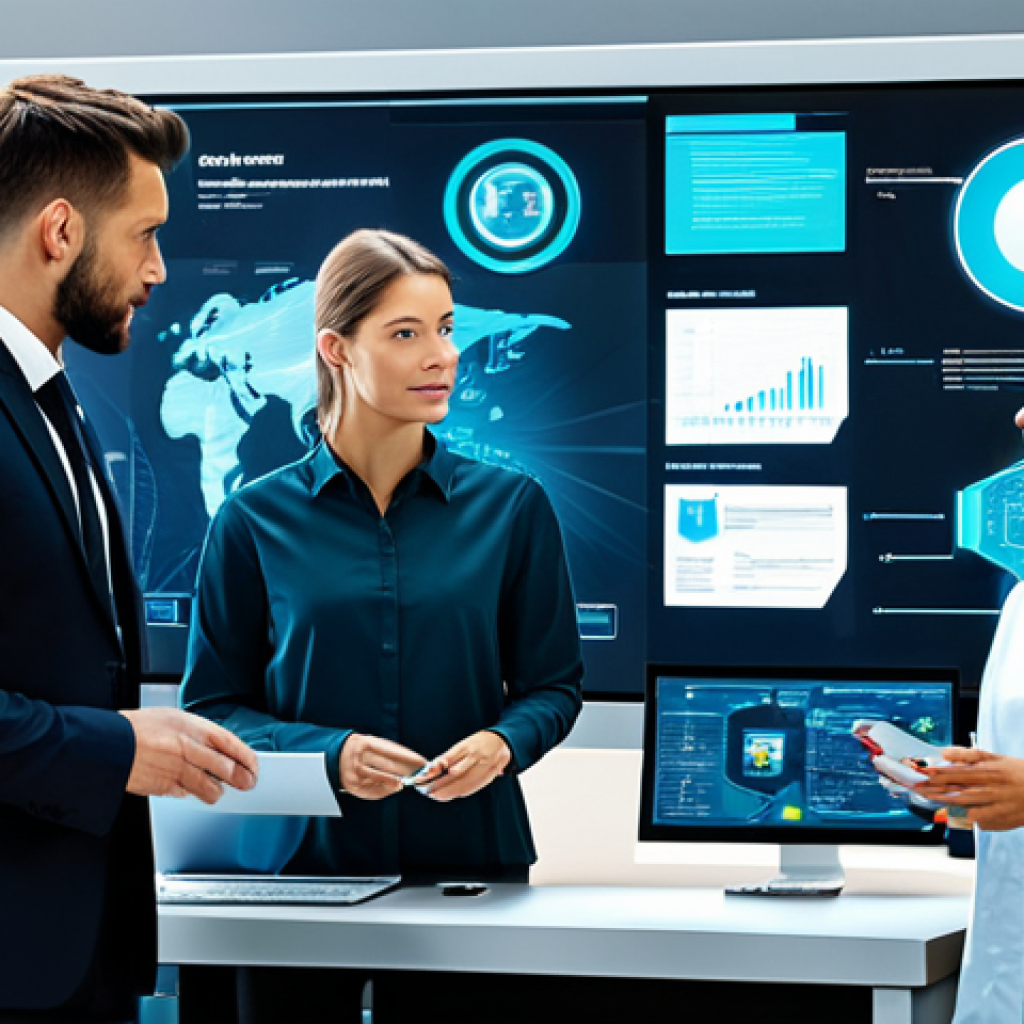 **
"A diverse team of professionals collaborating around a holographic display showcasing data security protocols, modern office environment, fully clothed, appropriate attire, safe for work, perfect anatomy, natural proportions, professional presentation, high quality, family-friendly."
**