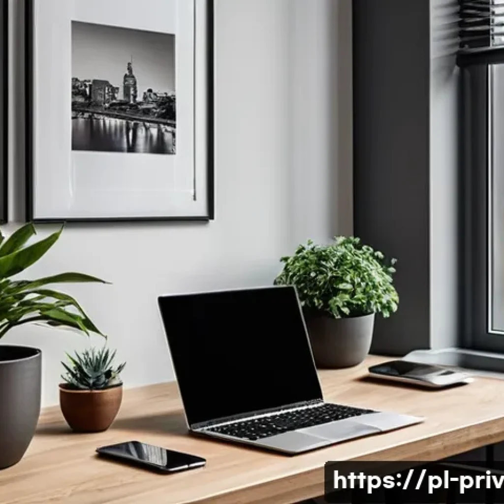 재택 근무와 데이터 프라이버시 - A modern home office scene in a Polish apartment featuring a sleek wireless router prominently place...