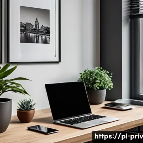 Home 33 재택 근무와 데이터 프라이버시 - A modern home office scene in a Polish apartment featuring a sleek wireless router prominently place...