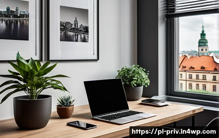 재택 근무와 데이터 프라이버시 - A modern home office scene in a Polish apartment featuring a sleek wireless router prominently place...