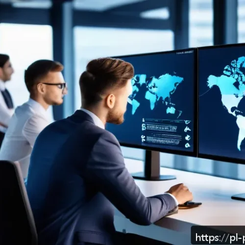 Home 31 소비자에게 데이터 프라이버시 제공하기 - A modern office environment in Warsaw, Poland, showcasing cybersecurity professionals monitoring mul...