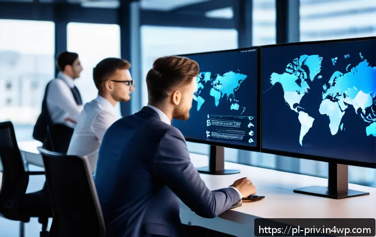 소비자에게 데이터 프라이버시 제공하기 - A modern office environment in Warsaw, Poland, showcasing cybersecurity professionals monitoring mul...