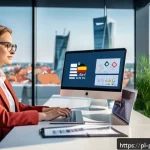 Home 18 데이터 프라이버시 보호를 위한 정책 사례 - A modern Polish office environment showing a professional woman in business casual attire sitting at...