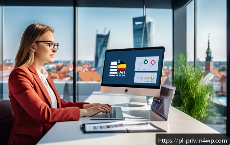 데이터 프라이버시 보호를 위한 정책 사례 - A modern Polish office environment showing a professional woman in business casual attire sitting at...