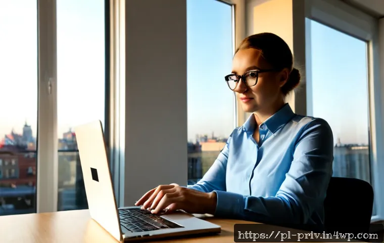데이터 프라이버시와 인공지능의 관계 - Photorealistic modern Warsaw home office, Polish professional in smart casual clothing reviewing pri...